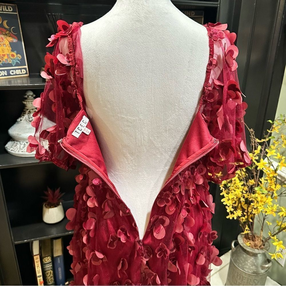 TCEC Burgundy Mini Dress with 3D Petal Appliqués - Picture 12 of 14